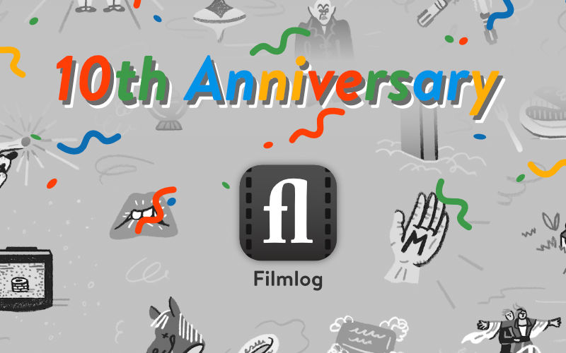 Filmlog app icon below title '10th anniversary' over illustrated well known movies