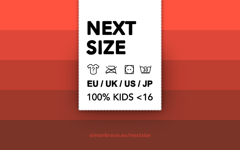 title 'Next Size' as clothing label on red striped color gradient