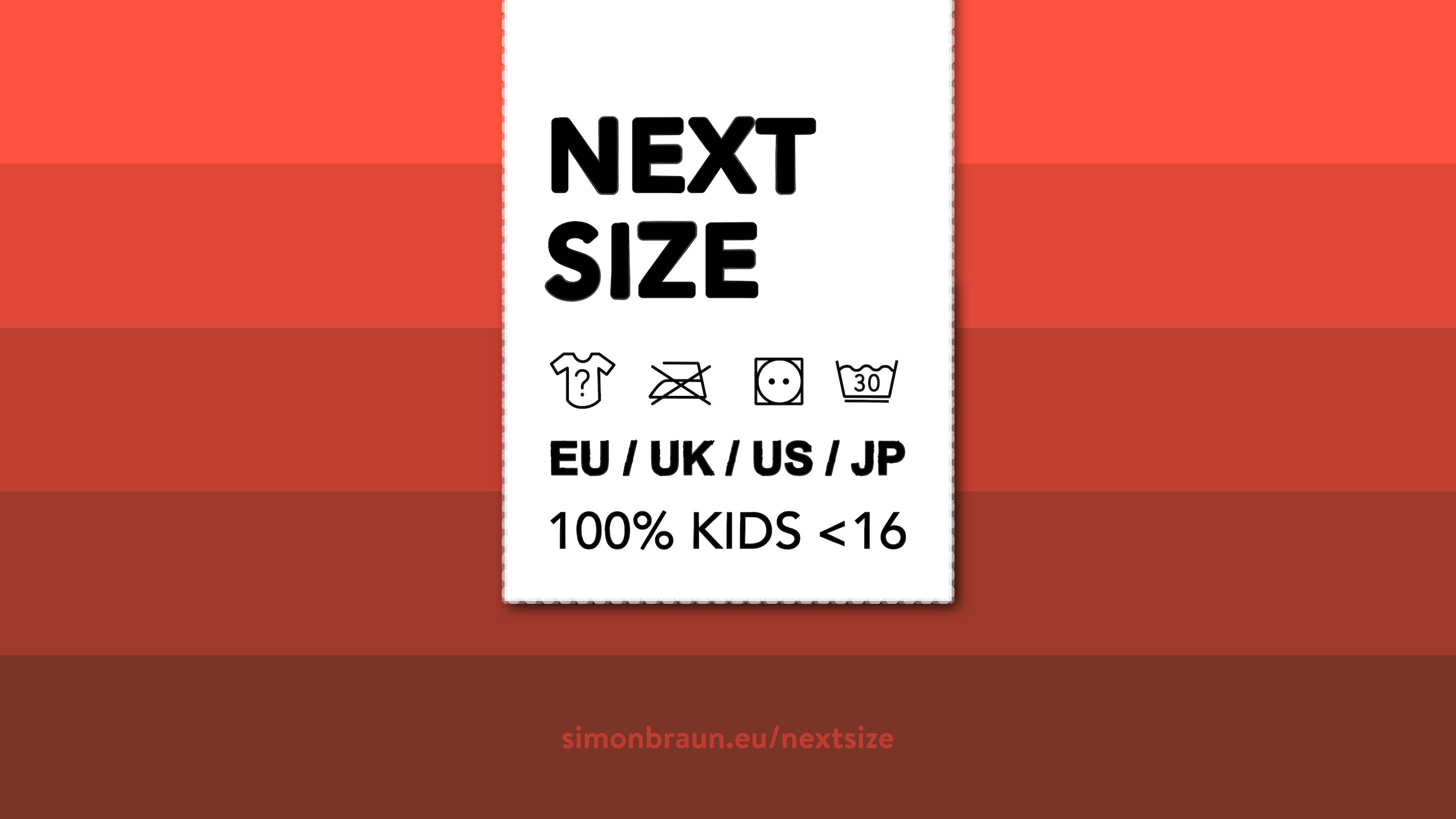 Next Size promotional header — the app name set as a clothing label on a red striped gradient