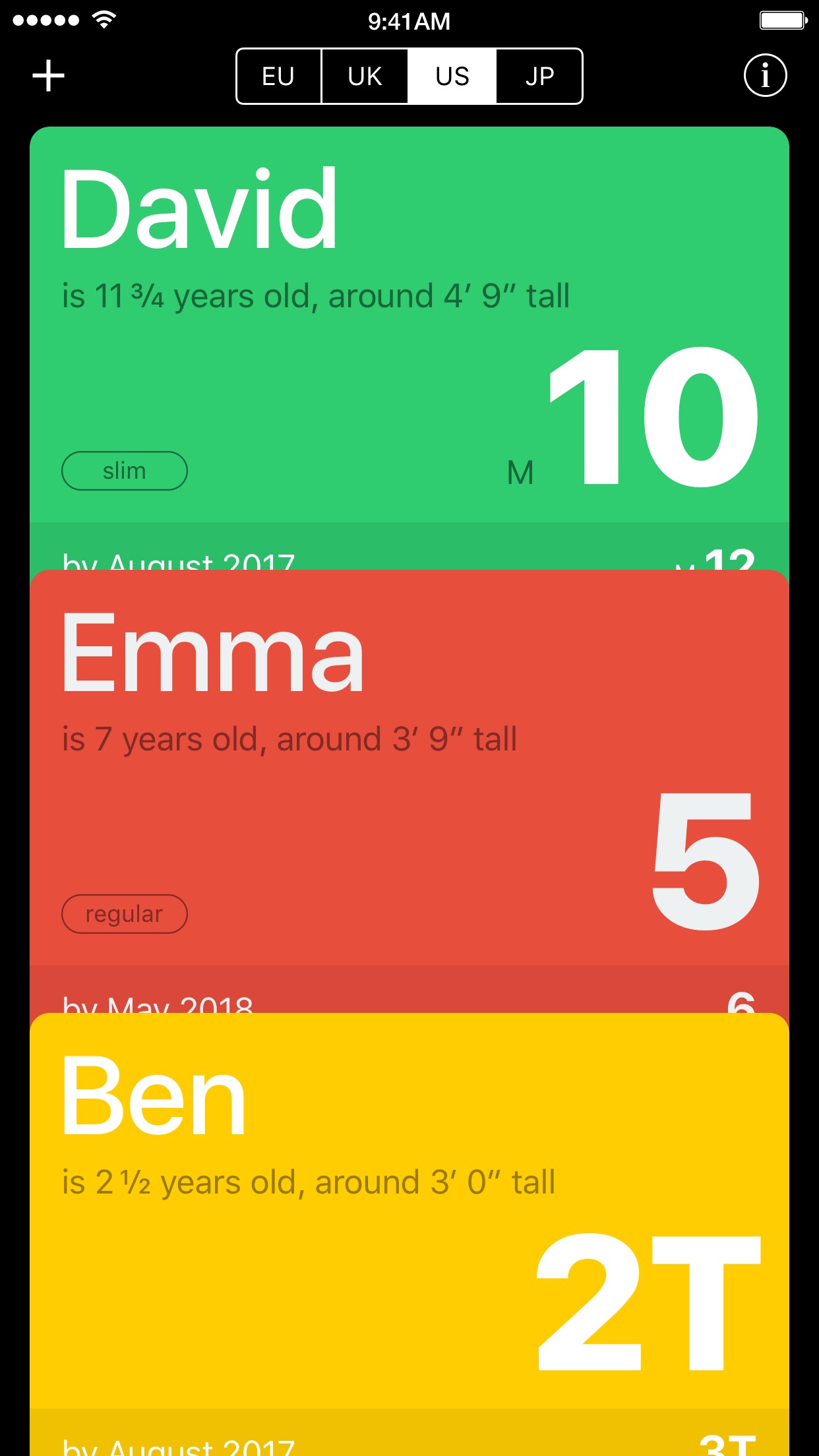 The list of children, each card showing the clothing size that fits today
